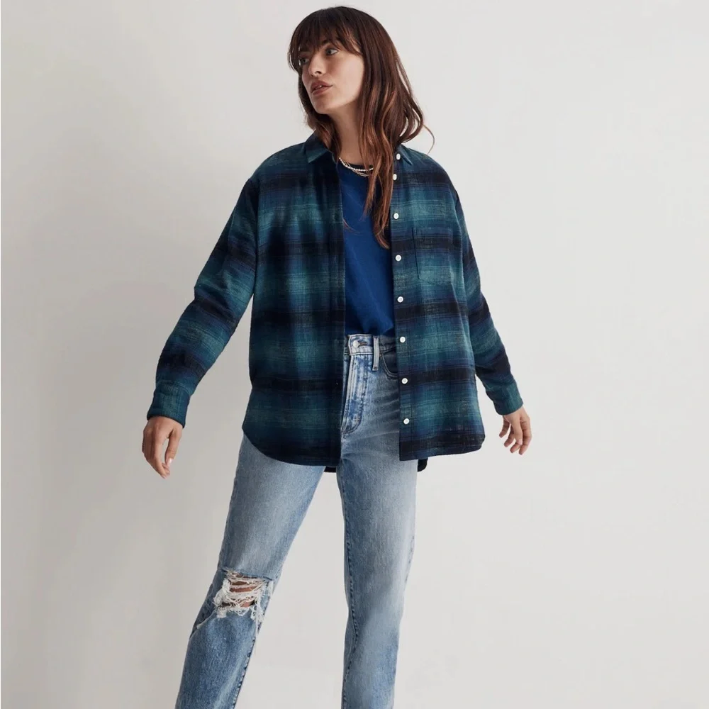 Madewell Blue and Black Plaid flannel - Picture 2 of 6
